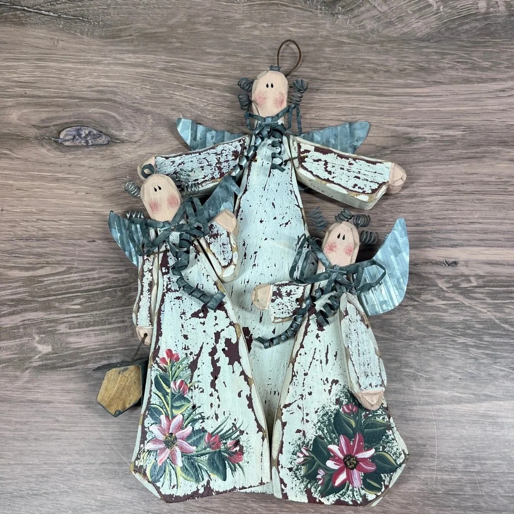 Handmade Primitive Angel Trio Wall Hanging White Distressed Wood Metal Wings